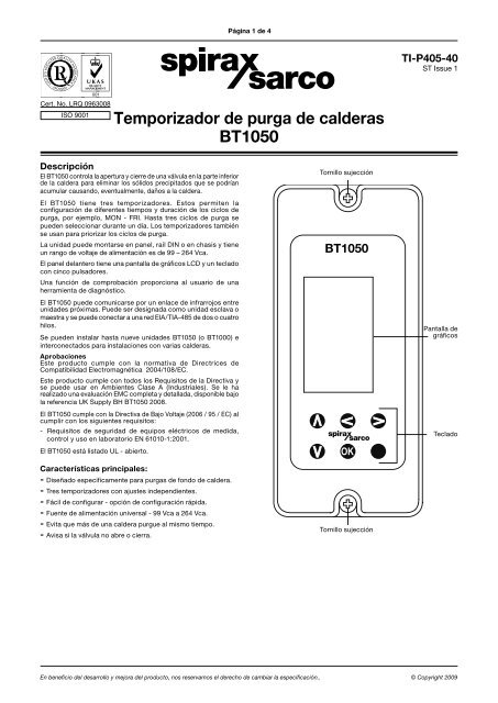 Temporizador de purga de calderas BT1050 - Spirax Sarco