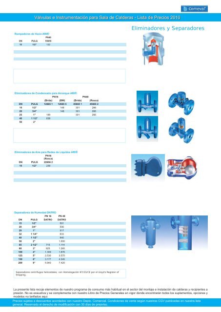 Lista precios DIV. VAPOR - COMEVAL