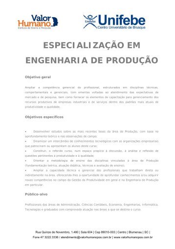 ESPECIALIZAÇÃO EM ENGENHARIA DE PRODUÇÃO - Unifebe