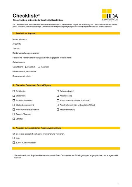 Checkliste für geringfügige Beschäftigung - Dbbp-steuerberater.de