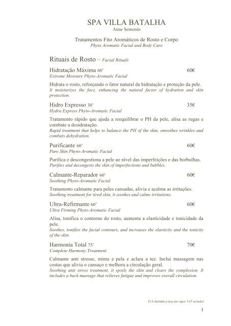 Menu de Tratamentos e Massagens (PDF) - Hotel Villa Batalha