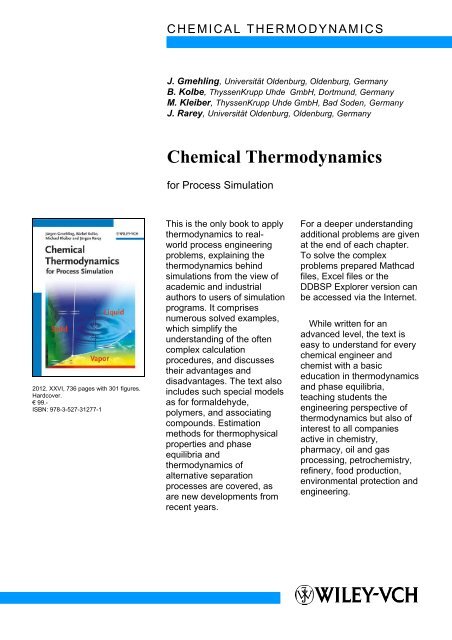 chemical thermodynamics for process simulation gmehling