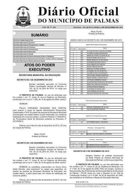 Secretaria Municipal da Educação - Diário Oficial de Palmas