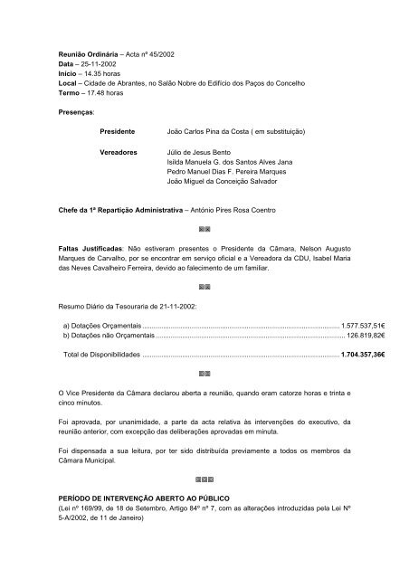 Acta nº 45/02 * 2002-11-25 - Câmara Municipal de Abrantes