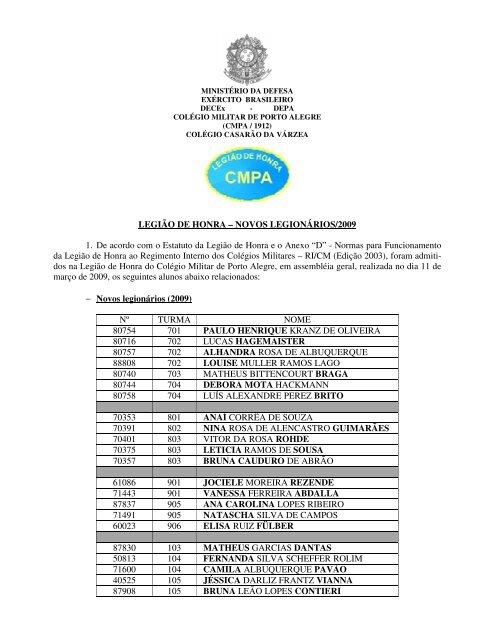 novos membros da Legião de Honra - Colégio Militar de Porto Alegre