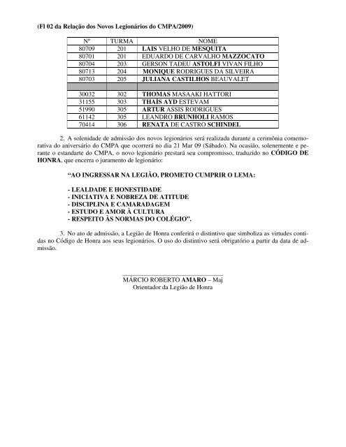 novos membros da Legião de Honra - Colégio Militar de Porto Alegre