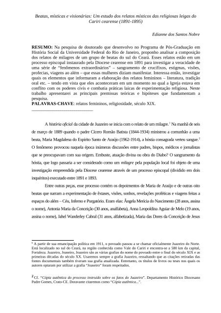 Beatas, místicas e visionárias: Um estudo dos relatos ... - anpuh