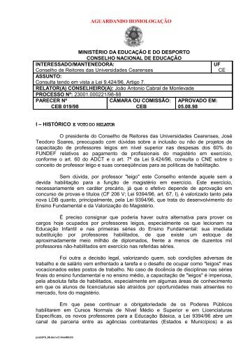 Parecer CNE/CEB nº 19/1998, aprovado em - Ministério da Educação
