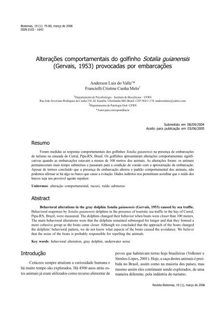 Alterações comportamentais do golfinho Sotalia ... - Biotemas