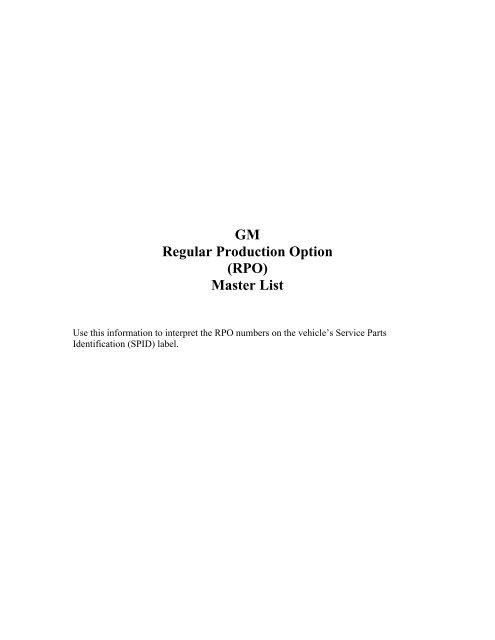 Gm Regular Production Option Rpo Master List Longroof Info