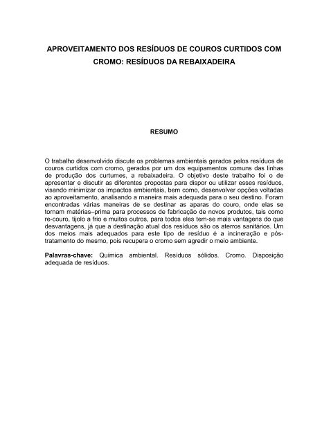 aproveitamento dos resíduos de couros curtidos com - Unisalesiano