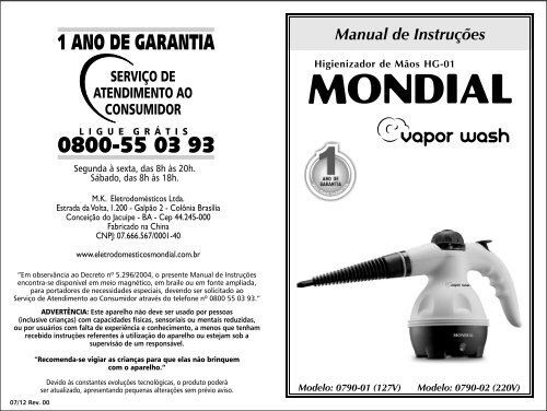 Manual Higienizador de Mãos HG-01 07-12 Rev00 - Mondial