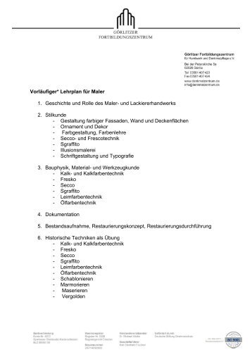 Vorläufiger* Lehrplan für Maler 1. Geschichte und Rolle des Maler ...