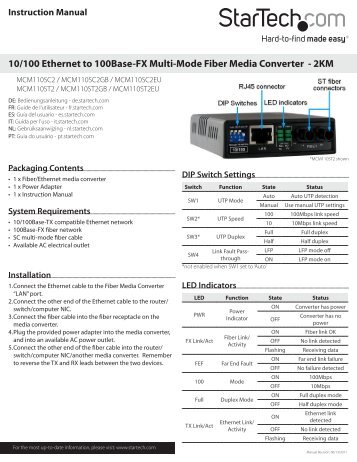 10/100 Ethernet to 100Base-FX Multi-Mode Fiber ... - StarTech.com
