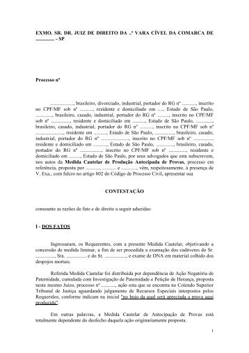 Contestação em Ação Cautelar Para Exumação de ... - Jobachi.com.br