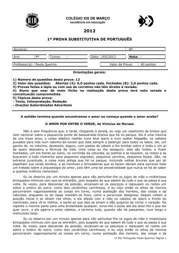 1ª prova substitutiva de português colégio xix de março - colegio xix ...