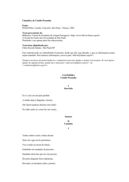 Clepsidra, de Camilo Pessanha Fonte: PESSANHA ... - Saco Cheio