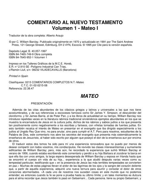 COMENTARIO AL NUEVO TESTAMENTO Volumen 1 - Mateo I ...