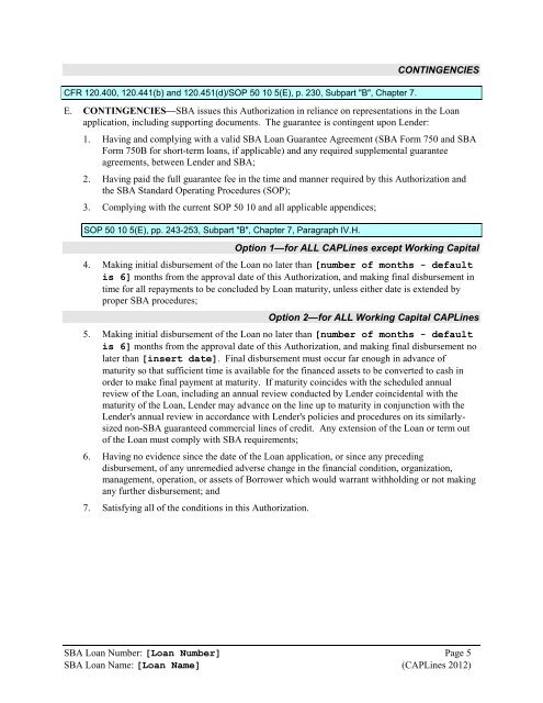 National CAPLines Authorization Boilerplate - SBA