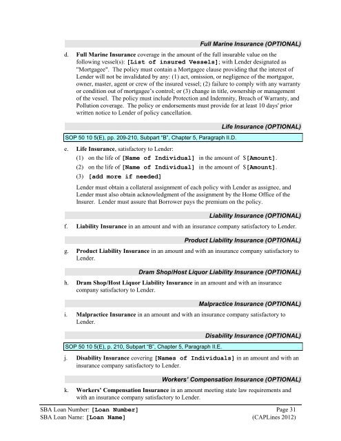 National CAPLines Authorization Boilerplate - SBA