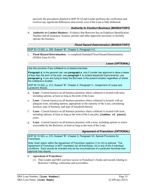 National CAPLines Authorization Boilerplate - SBA