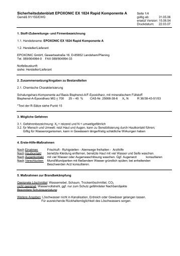 Sicherheitsdatenblatt EPOXONIC EX 1824 Rapid Komponente A