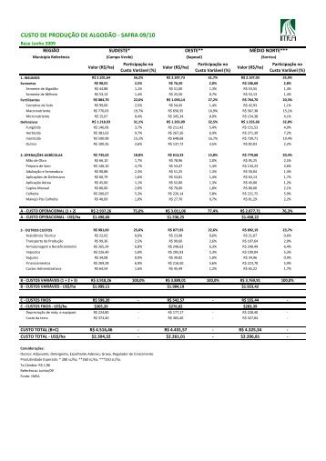 CUSTO DE PRODUÇÃO DE ALGODÃO - SAFRA 09/10