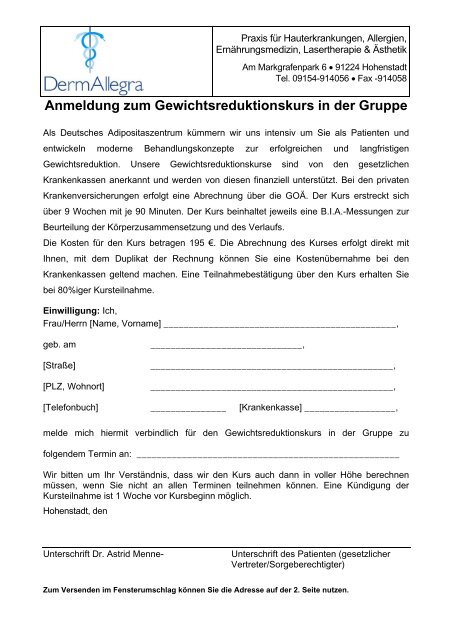 Anmeldung zum Gewichtsreduktionskurs in der Gruppe - DermAllegra