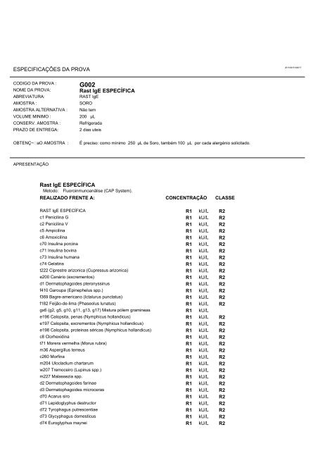 ESPECIFICAÇÕES DA PROVA Rast IgE ESPECÍFICA Rast IgE ...