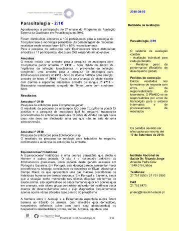 Parasitologia - 2/10 - Instituto Nacional de Saúde Dr. Ricardo Jorge