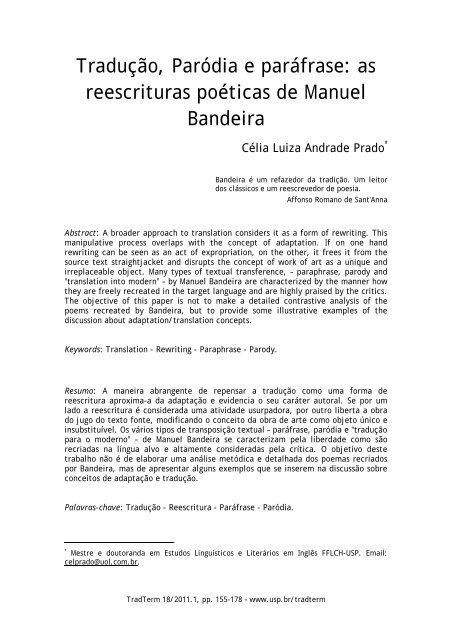 Tradução, Paródia e paráfrase: as reescrituras poéticas de  - USP