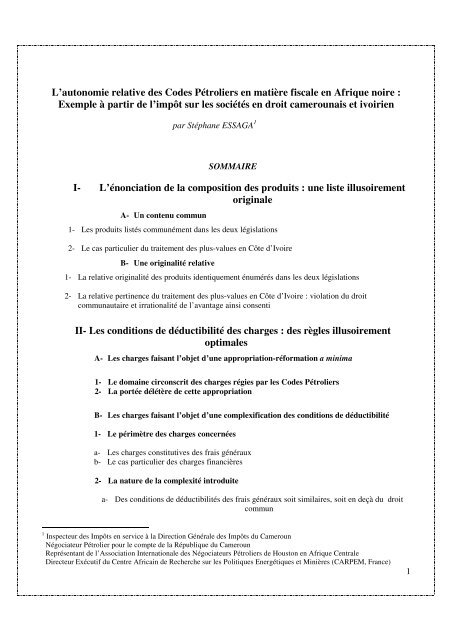 L'autonomie relative des Codes Pétroliers en matière ... - carpem