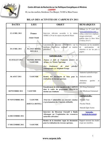 www.carpem.info BILAN DES ACTIVITES DU CARPEM EN 2011 ...