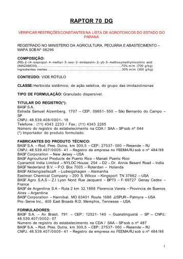 raptor 70 dg - Secretaria da Agricultura e Abastecimento - Estado do ...