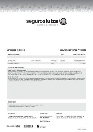 Certificado de Seguro Seguro Luiza Cartão ... - Magazine Luiza