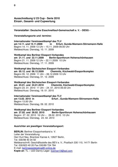 Ausschreibung U 23 Cup 2009-10 vom 16.10. - DESG