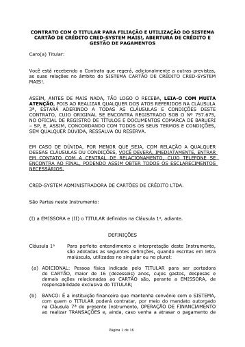 contrato com o titular para filiação e utilização - Cartão Mais!