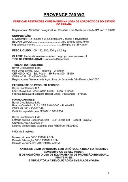 PROVENCE 750 WG - Secretaria da Agricultura e Abastecimento ...