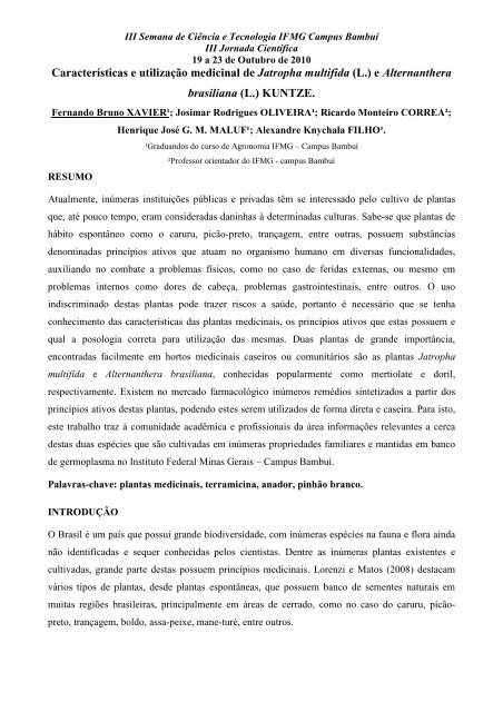 Características e utilização medicinal de Jatropha ... - Campus Bambuí