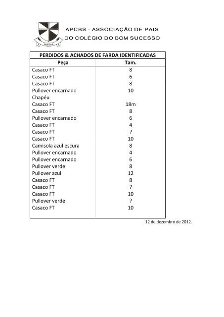 PERDIDOS & ACHADOS DE FARDA IDENTIFICADAS Peça Tam ...