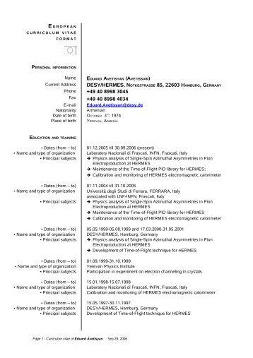 Curriculum Vitae of Eduard Avetisyan - Desy