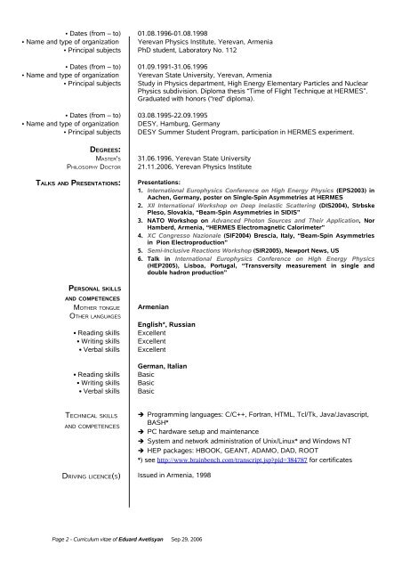 Curriculum Vitae of Eduard Avetisyan - Desy