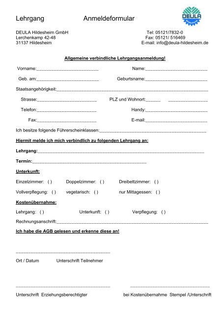 Lehrgang Anmeldeformular - deula-hildesheim.de: Start