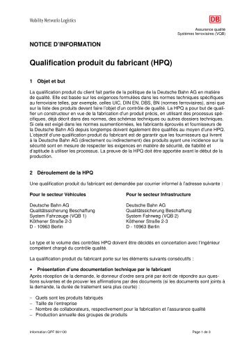 Qualification produit du fabricant (HPQ)  - Deutsche Bahn  AG