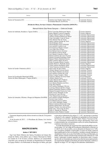 Aviso n.º 2971/2013 - Câmara Municipal de Mafra