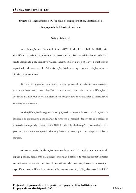 CÂMARA MUNICIPAL DE FAFE Projeto de Regulamento de ...