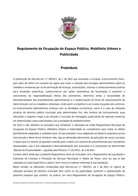 Regulamento de Ocupação do Espaço Público, Mobiliário Urbano e ...