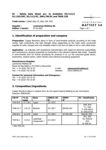 1. Identification of preparation and company 2 ... - Matthey.ch
