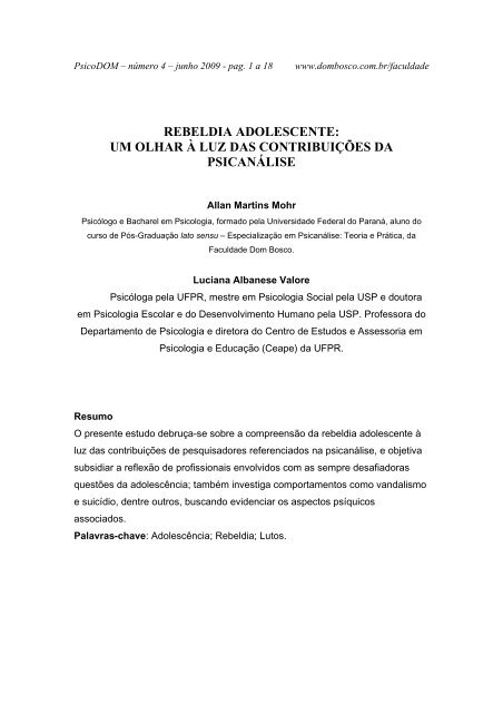 rebeldia adolescente: um olhar à luz das contribuições ... - Dom Bosco