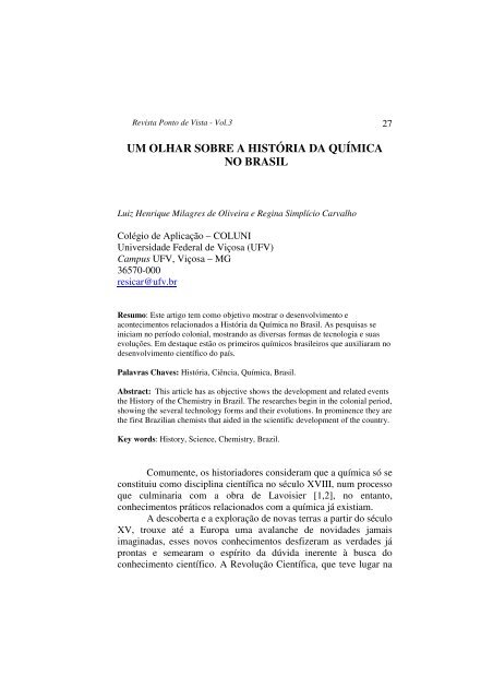 um olhar sobre a história da química no brasil - Coluni - UFV